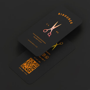 Carte De Visite Coiffeur Minimaliste Ciseaux Noir Orange Barbier
