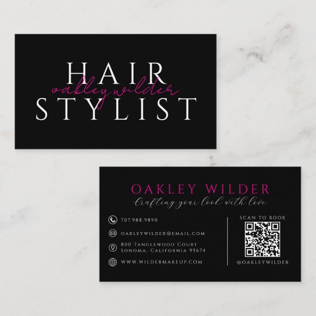 Carte De Visite Coiffeur Moderne Code QR Noir Rose  (Devant / Derrière)