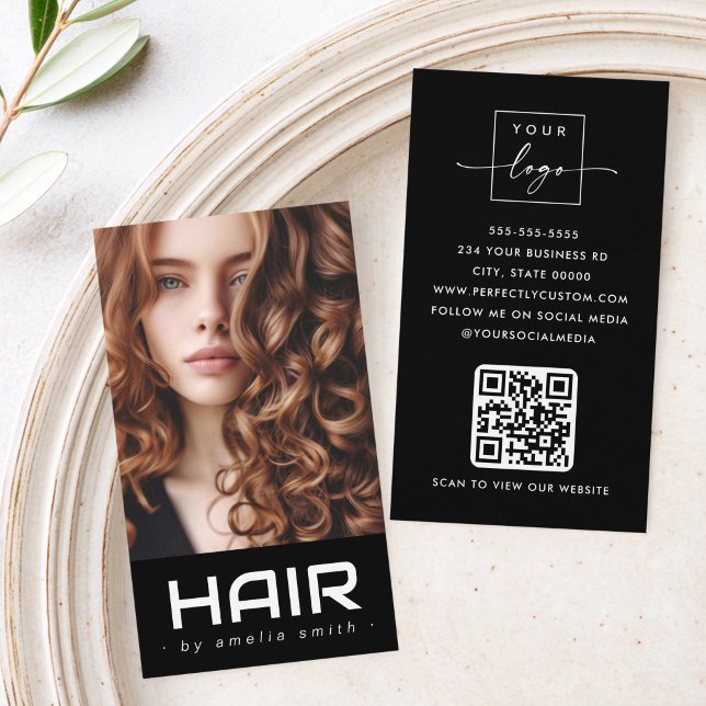Carte De Visite Coiffeur moderne de cheveux noir (Modern hair hairdresser stylist black business card)