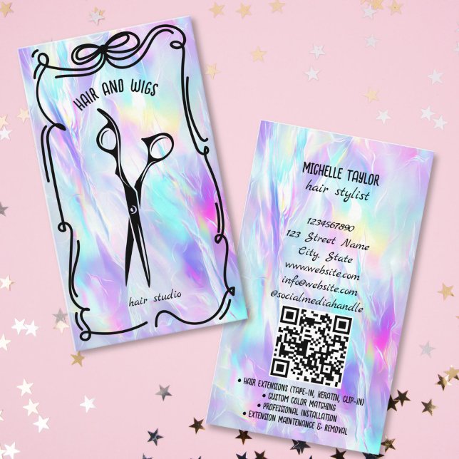 Carte De Visite Coiffeur Moderne Dessin à Main Fantaisiste (cute bow doodle hair scissors business card)