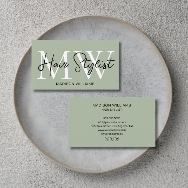 Carte De Visite Coiffeur Moderne Monogramme Vert Sauge  (Modern Hair Stylist Monogram Sage Green Business Card)