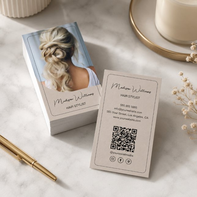 Carte De Visite Coiffeur Moderne Photo Beige (Hair Stylist Modern Photo Beige Business Card)