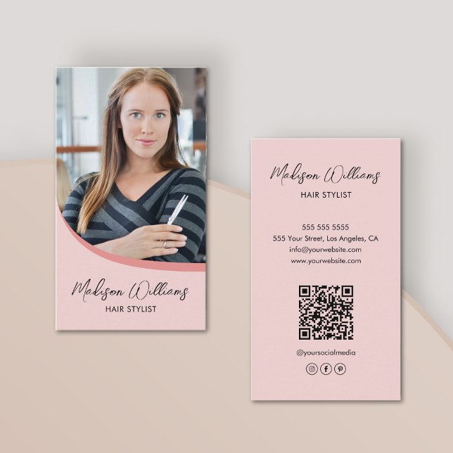 Carte De Visite Coiffeur Moderne Photo QR Rose (Modern Hair Stylist Photo QR Pink Business Card)