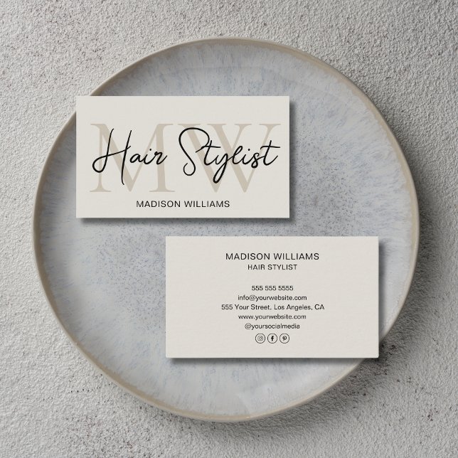 Carte De Visite Coiffeur Monogramme Moderne Beige Neutre (Hair Stylist Modern Monogram Neutral Beige Business Card)
