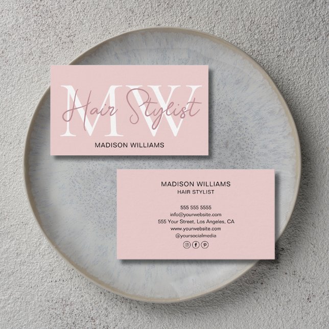 Carte De Visite Coiffeur Monogramme Rose Pâle (Hair Stylist Monogram Blush Pink Business Card)