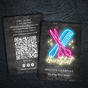 Carte De Visite Coiffeur Neon Glow & Black Grunge Code QR