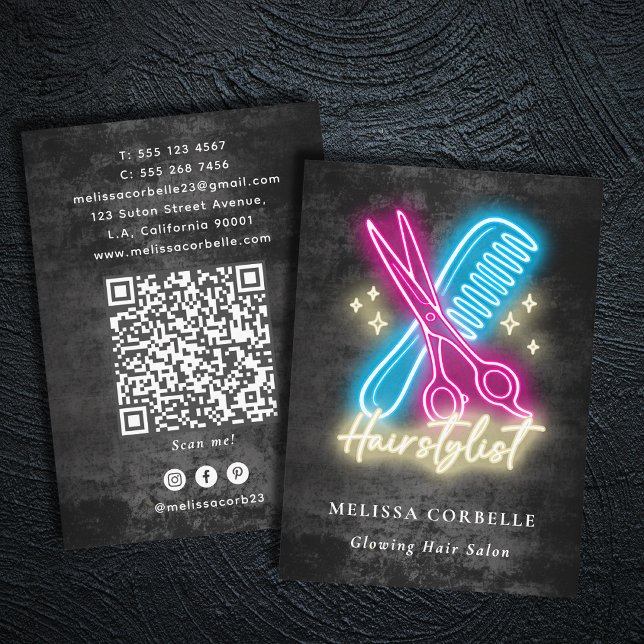 Carte De Visite Coiffeur Neon Glow & Black Grunge Code QR (Créateur téléchargé)