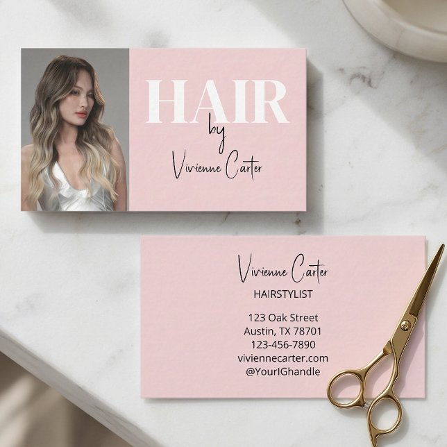 Carte De Visite Coiffeur Photo Écriture Noir Rose Rouge (Blush Pink Black Script Photo Hair Stylist Business Card)