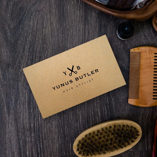 Carte De Visite Coiffeur professionnel Monogram Kraft (Créateur téléchargé)