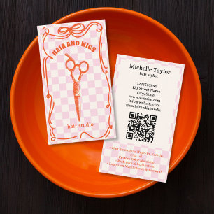 Carte De Visite Coiffeur Rétro Gras Doodle Fantaisiste Rose Rouge