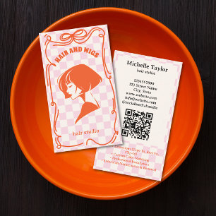 Carte De Visite Coiffeur Rétro Gras Doodle Fantaisiste Rose Rouge