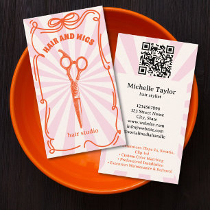 Carte De Visite Coiffeur Rétro Gras Doodle Fantaisiste Rose Rouge