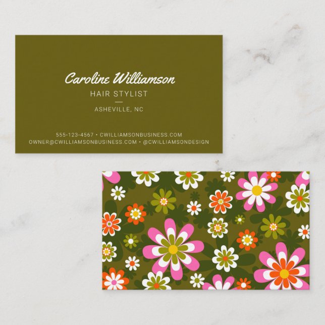 Carte De Visite Coiffeur Retro Groovy Daisy Vert Olive Rose (Devant / Derrière)