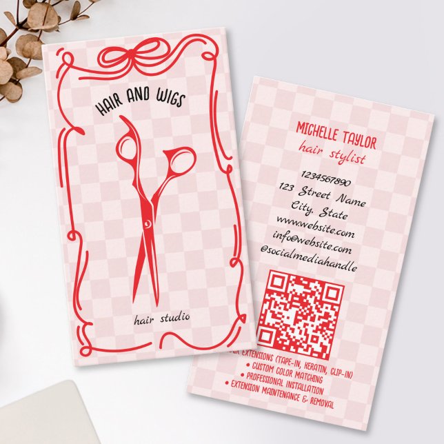 Carte De Visite Coiffeur Rétro Mignon Dessin Fantaisiste Rouge Ros (cute red and pink doodle scissors business cards
)