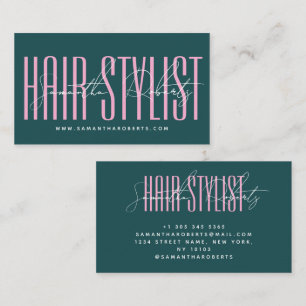 Carte De Visite Coiffeur script typographie moderne vert rose