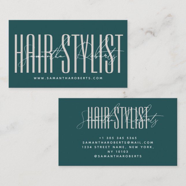 Carte De Visite Coiffeur script vert typographie moderne (Devant / Derrière)