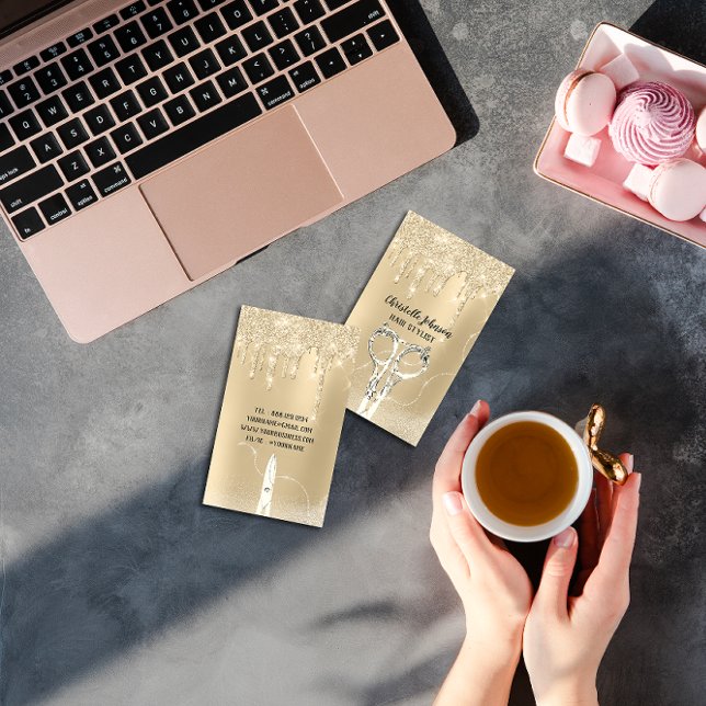 Carte De Visite Coiffeur Sepia Parties scintillant goutte d'or Cis (Hairdresser Sepia Gold Drip Glitter Scissors Business Card)