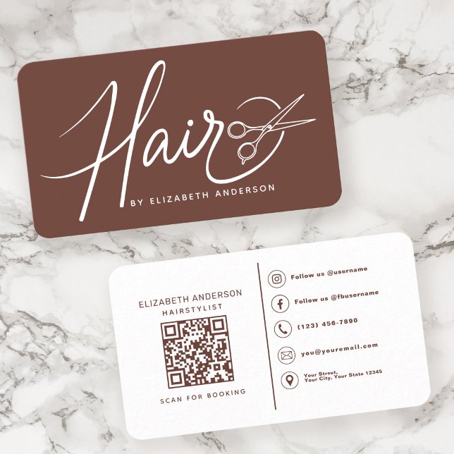 Carte De Visite Coiffeur Style Classique Code QR Terracotta (Créateur téléchargé)