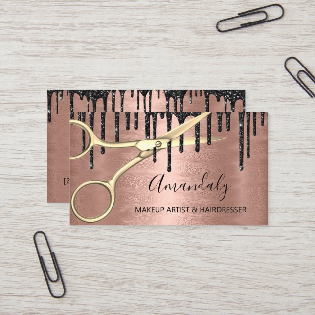 Carte De Visite Coiffeur Styliste Coiffeur Rose Ciseaux d'or cisea (Devant/Arrière en situation)
