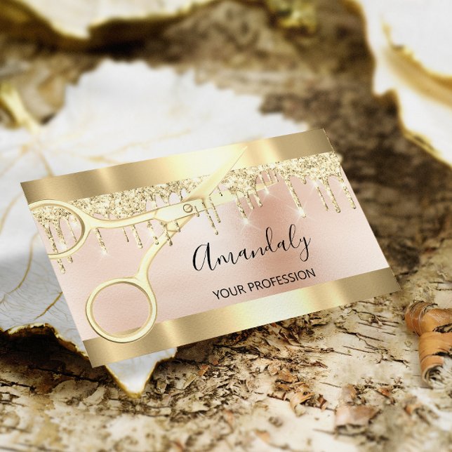 Carte De Visite Coiffeur Styliste Coiffeur Rose ciseaux or (Hairdresser Stylist Coiffeur Gold Scissors Rose Business Card)