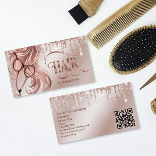 Carte De Visite Coiffeur styliste rose en or ciseaux cheveux code