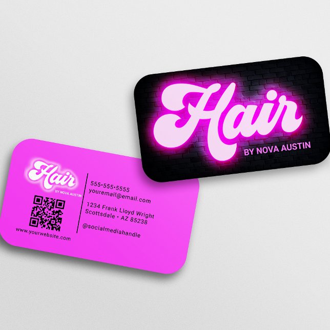 Carte De Visite Coiffeur tendance Glam esthétique Hot Pink QR Code (Créateur téléchargé)