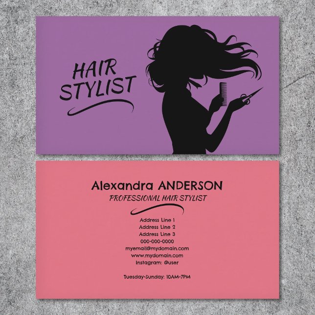 Carte De Visite Coiffeur Violet & Rose (Purple & Pink - Hair Stylist Business Card)