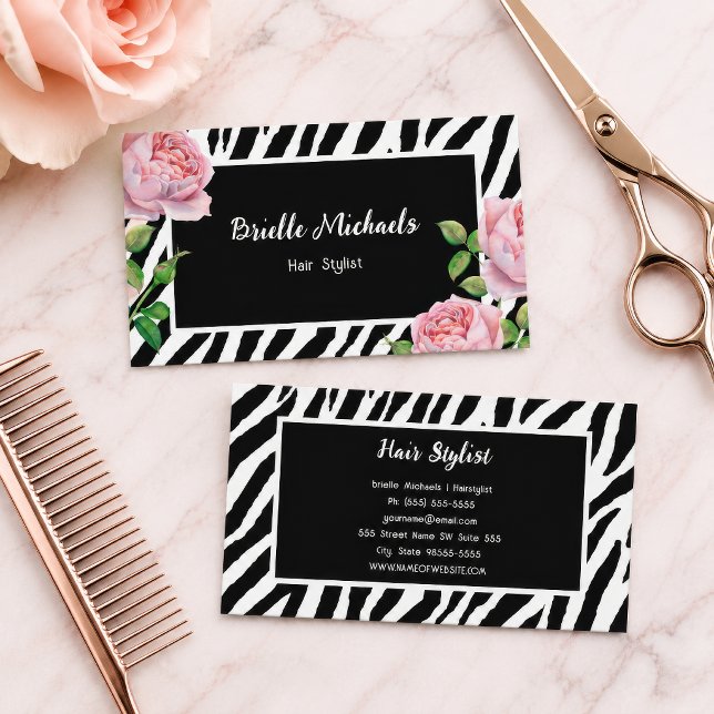 Carte De Visite Coiffeur Zebra Rose Glam (Zebra Floral Hairstylist Pink Rose Business Card
)
