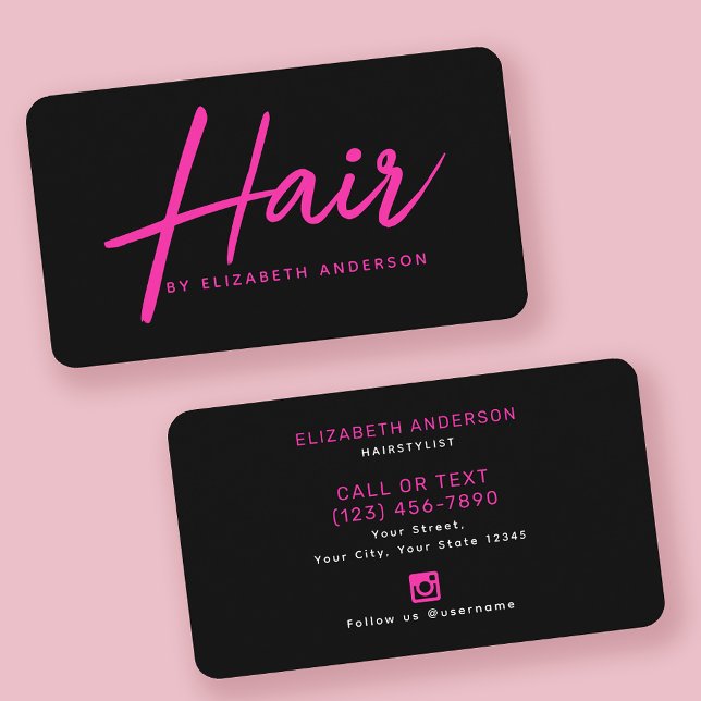 Carte De Visite Coiffeuse de script rétro rose et noir chaud (Créateur téléchargé)