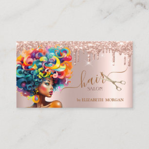 Carte De Visite Coiffeuse Fille Noire Rose Gold Glitter Drips 