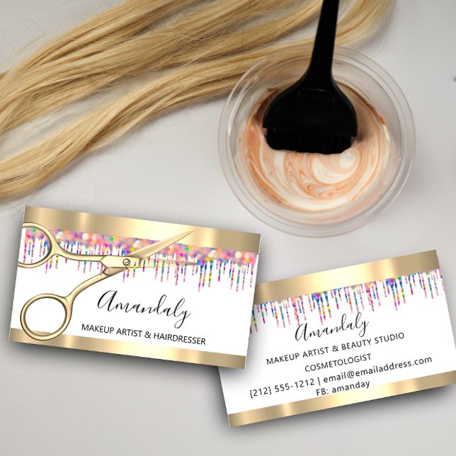 Carte De Visite Coiffeuse Holographe Lecteurs ciseaux ciseaux (Hair Stylist Hairdresser Holograph Drips Scissors Business Card)