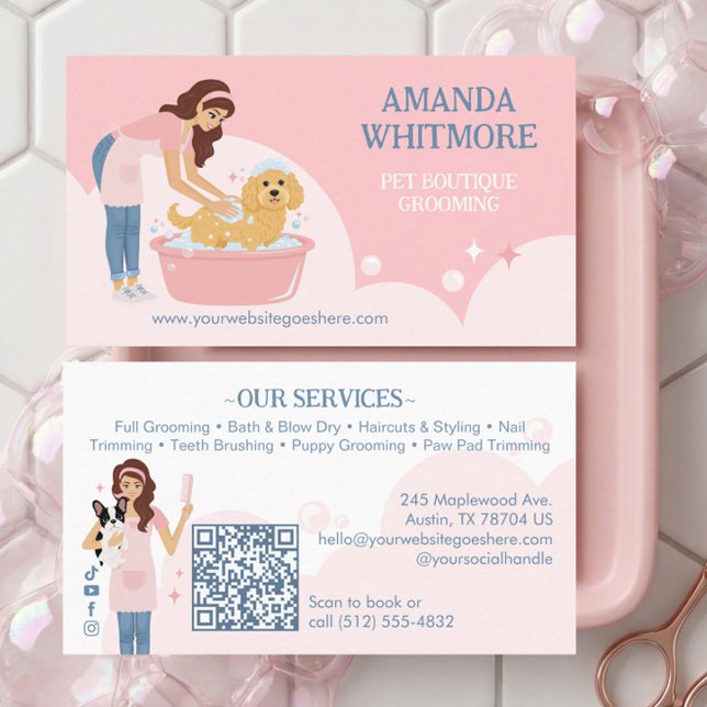 Carte De Visite Coiffeuse professionnelle pour chiens de compagnie (Fun Pampered Pet Dog Groomer Professional Stylist Business Card)