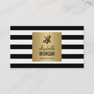Carte De Visite Coiffeuse Retro Black White Stripes Gold Carré