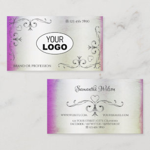 Carte De Visite Coins ornés argenté et logo rose violet brillant