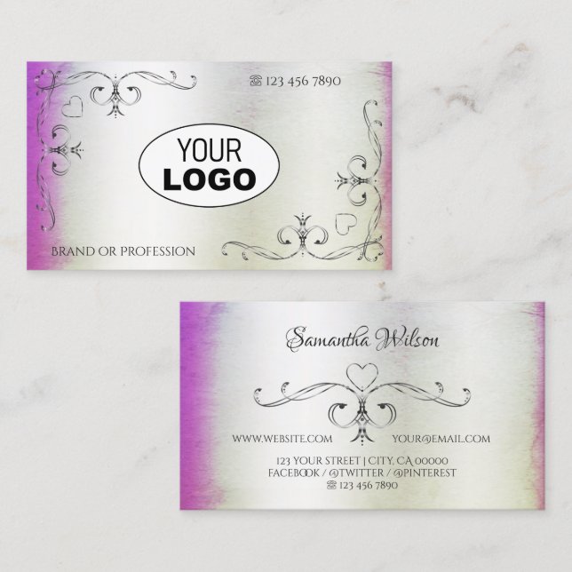 Carte De Visite Coins ornés argenté et logo rose violet brillant (Devant / Derrière)