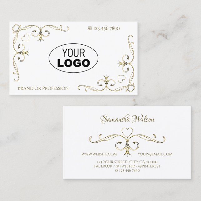 Carte De Visite Coins ornés or de luxe Blanc clair avec logo (Devant / Derrière)