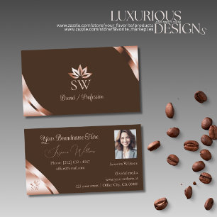 Carte De Visite Coins Rose Gold Café Marron avec Photo Monogramme