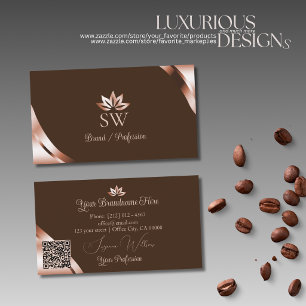 Carte De Visite Coins rose gold Café marron Monogramme QR Code