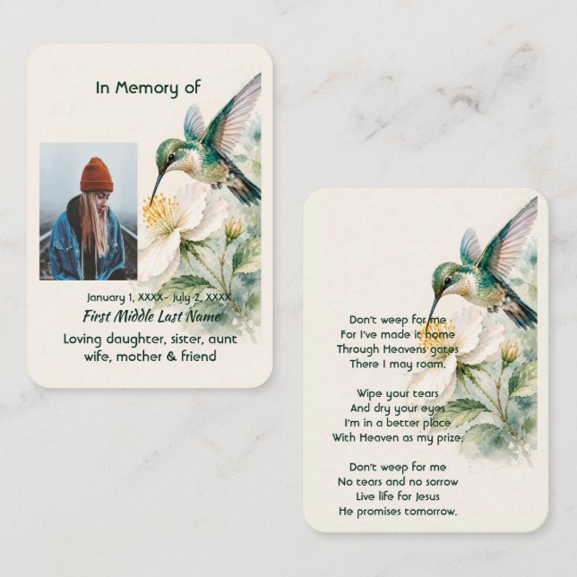 Carte De Visite Colibri de fleurs blanches chrétiennes mémorial (Devant / Derrière)