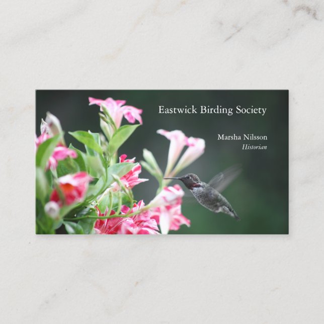 Carte De Visite Colibri en fleurs rouges et blanches (Devant)