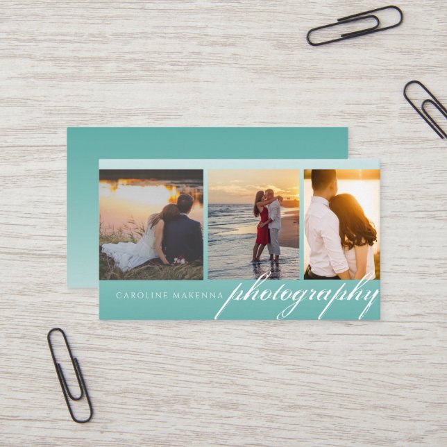 Carte De Visite Collage 3 photos Turquoise Green Blue Ombre Photog (Devant/Arrière en situation)