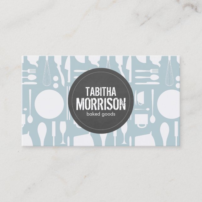 Carte De Visite Collage de cuisine en bleu avec logo gris (Devant)