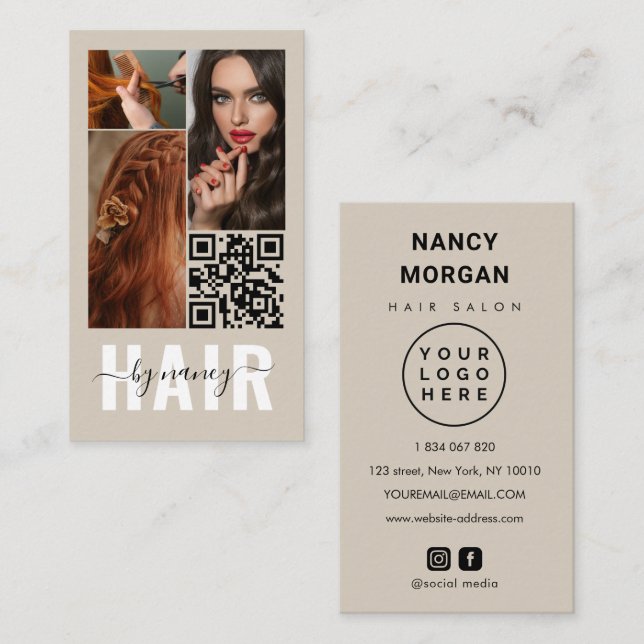 Carte De Visite  Collage de photos de cheveux Script Logo Code Qr  (Devant / Derrière)