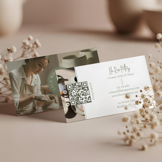 Carte De Visite Collage de photos de poterie artisanale minimalist (Minimal Monogram Hand Made Pottery Photo Collage Business Card)