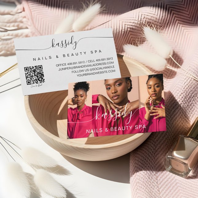 Carte De Visite Collage photo Script Calligraphie Monogramme QR Co (Photo Collage Script Calligraphy Monogram QR Code Business Card)