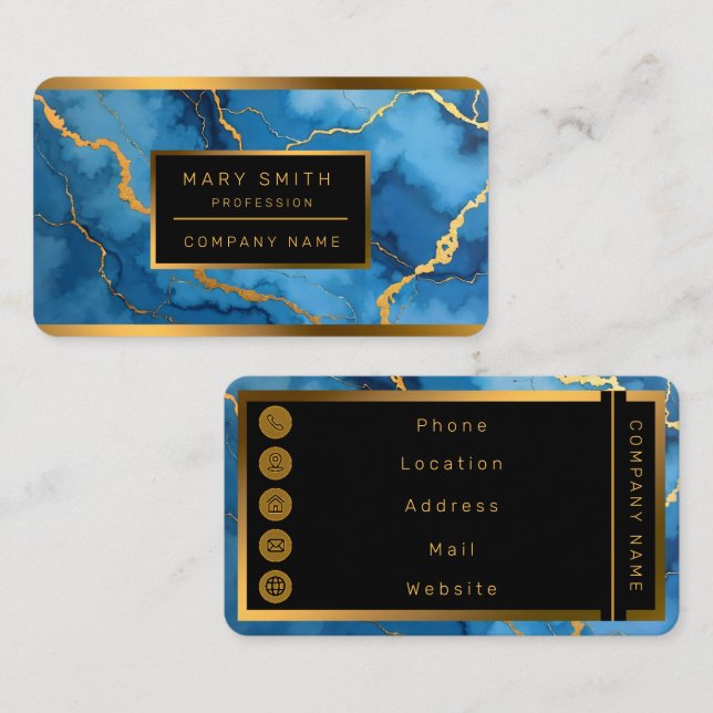Carte De Visite Collection tendance en marbre bleu azur or (Devant / Derrière)