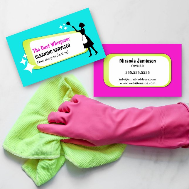 Carte De Visite Colorful Dusting Maid Professional Cleaning (Colorful dusting maid professional cleaning business card front and back.)
