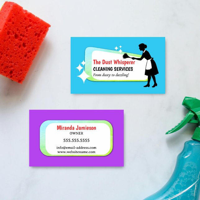 Carte De Visite Colorful Dusting Maid Professional Cleaning Busine (Colorful and retro dusting maid professional cleaning business card front and back.)