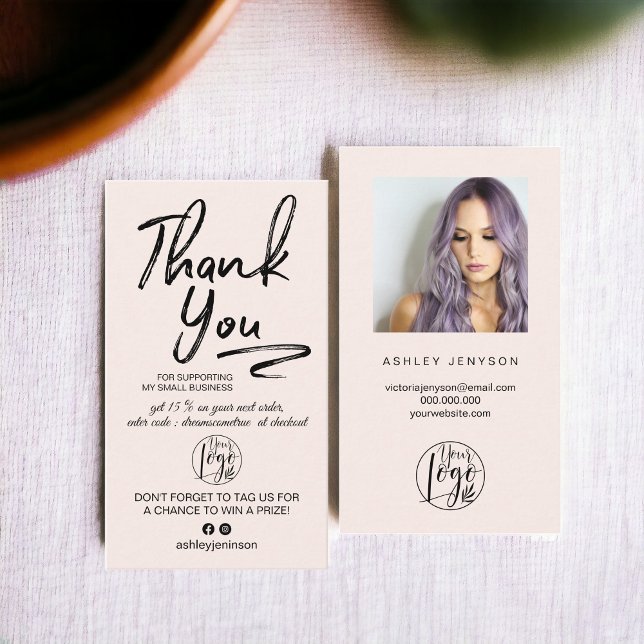 Carte De Visite Commande de logo photo de script brossé blanc merc (Blush brushed script photo logo order thank you business card)