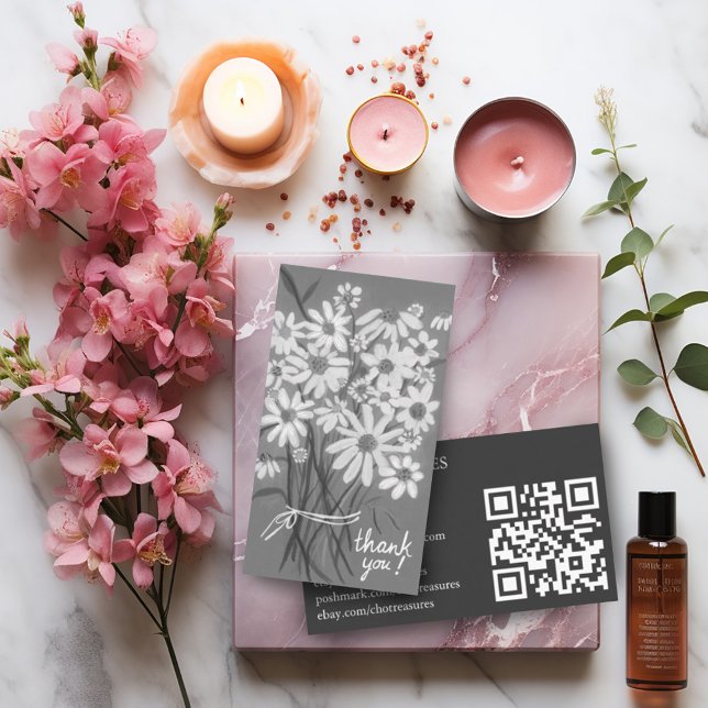 Carte De Visite Commander MERCI Cute Daisy Bouquet QR Code B&W (Custom thank you order card with watercolor daisy bouquet and QR code)